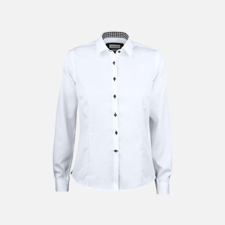 Chemise à manches longues pour femme James Harvest blanche en coton, vue de face, tissu doux et élégant.