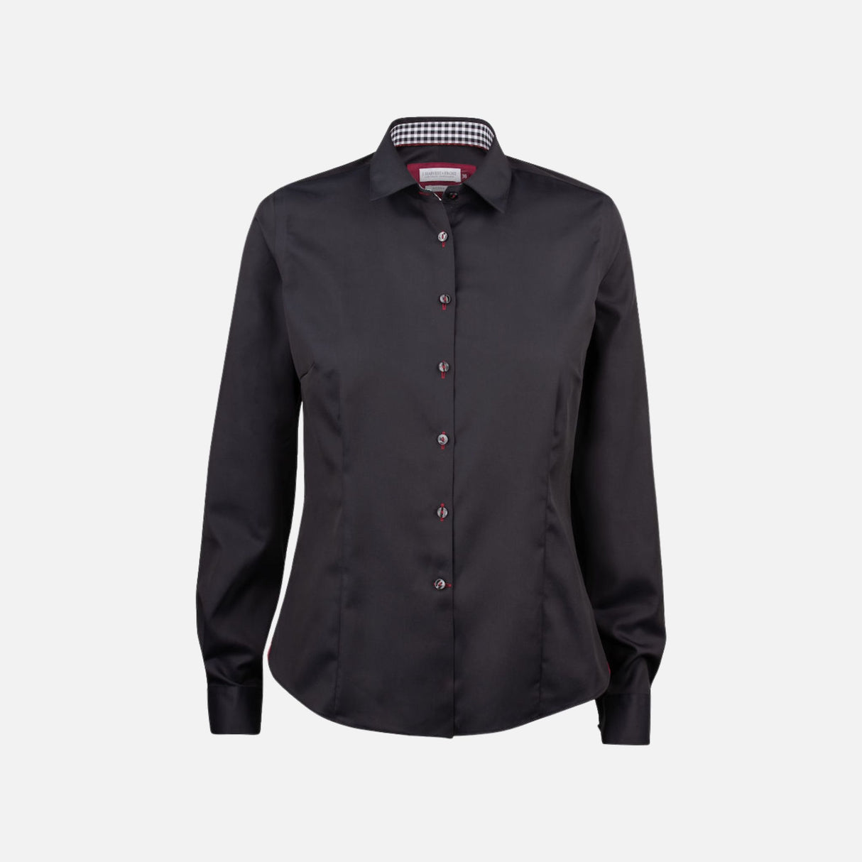 Chemise à manches longues pour femme James Harvest, noire, en tissu léger, coupe classique, détails de couture visibles.