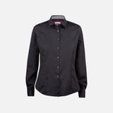 Chemise à manches longues pour femme James Harvest, noire, en tissu léger, coupe classique, détails de couture visibles.