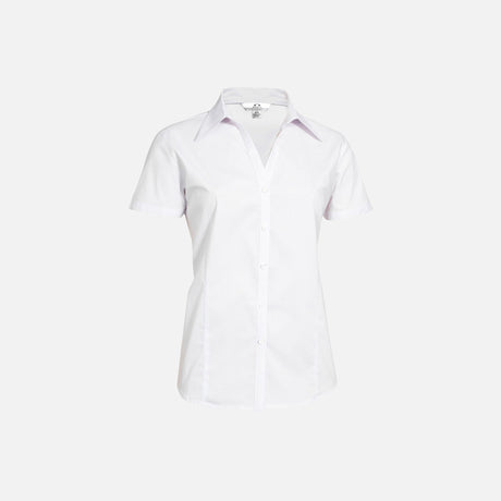 Chemise à manches 3/4 pour femme de la marque Biz, en tissu blanc, vue de face, style élégant et confortable.