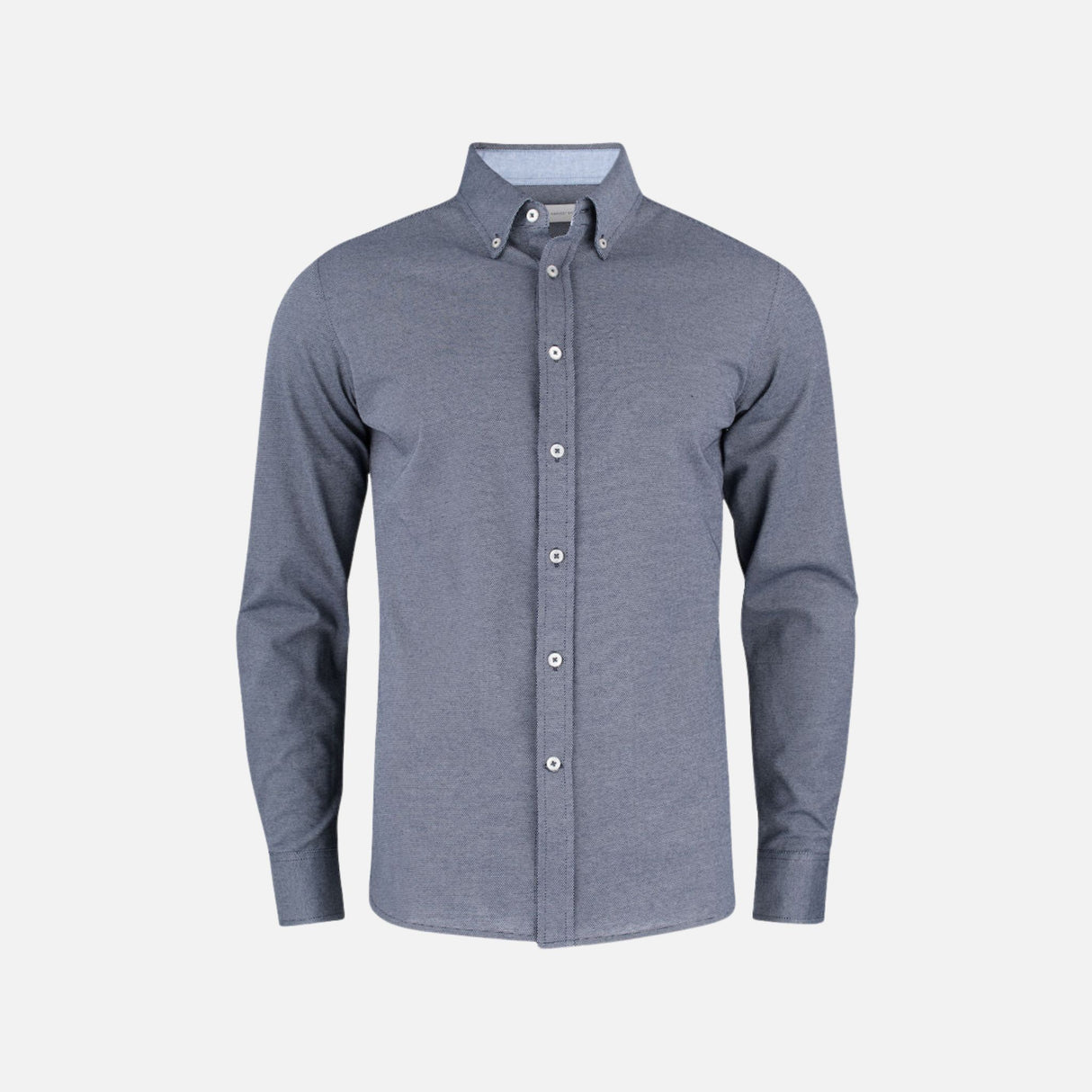 Chemise en denim bleu à manches longues James Harvest pour homme, avec détails de couture et col classique.