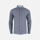 Chemise en denim bleu à manches longues James Harvest pour homme, avec détails de couture et col classique.