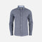 Chemise en denim bleu à manches longues James Harvest pour homme, avec détails de couture et col classique.