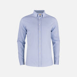 Chemise en denim bleu pâle à manches longues de James Harvest, style décontracté pour homme, vue frontale.