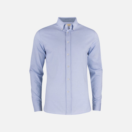 Chemise en denim bleu pâle à manches longues de James Harvest, style décontracté pour homme, vue frontale.