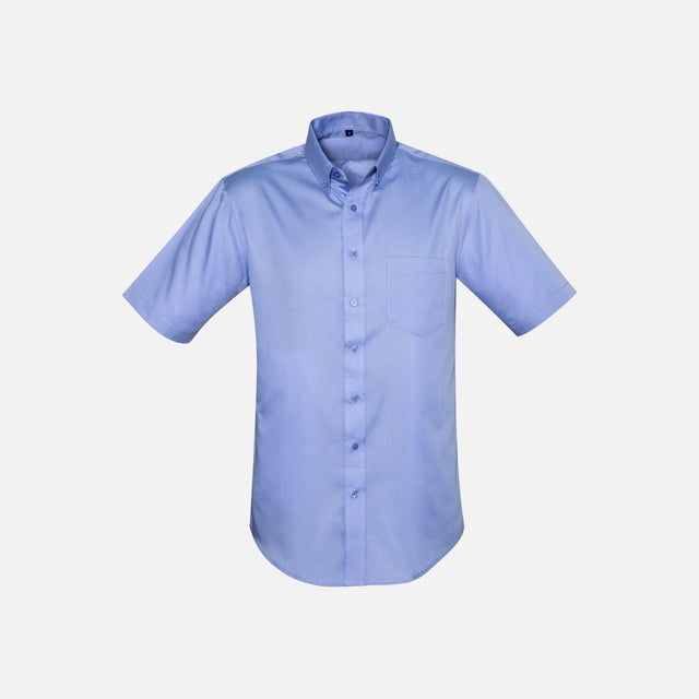 Chemise à manches courtes pour homme Biz S522MS en tissu bleu, style décontracté et élégant, idéale pour le printemps et l'été.