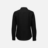 Chemise à manches longues noire Biz S424LL en tissu léger, portée sur un mannequin, détails du col et des boutons visibles.