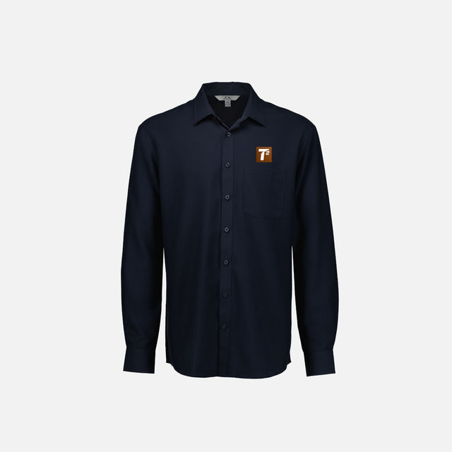 Chemise à manches longues Biz S424ML en tissu marine, vue de face, détails du col et des boutons visibles.