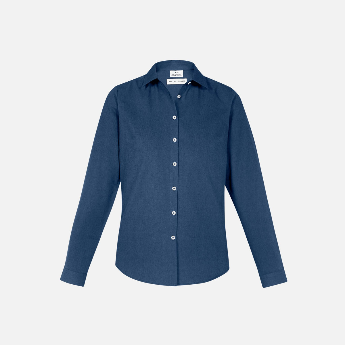 Chemise à manches longues pour femme Biz Memphis en bleu minéral, vêtement élégant en coton avec col classique.