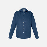 Chemise à manches longues pour femme Biz Memphis en bleu minéral, vêtement élégant en coton avec col classique.