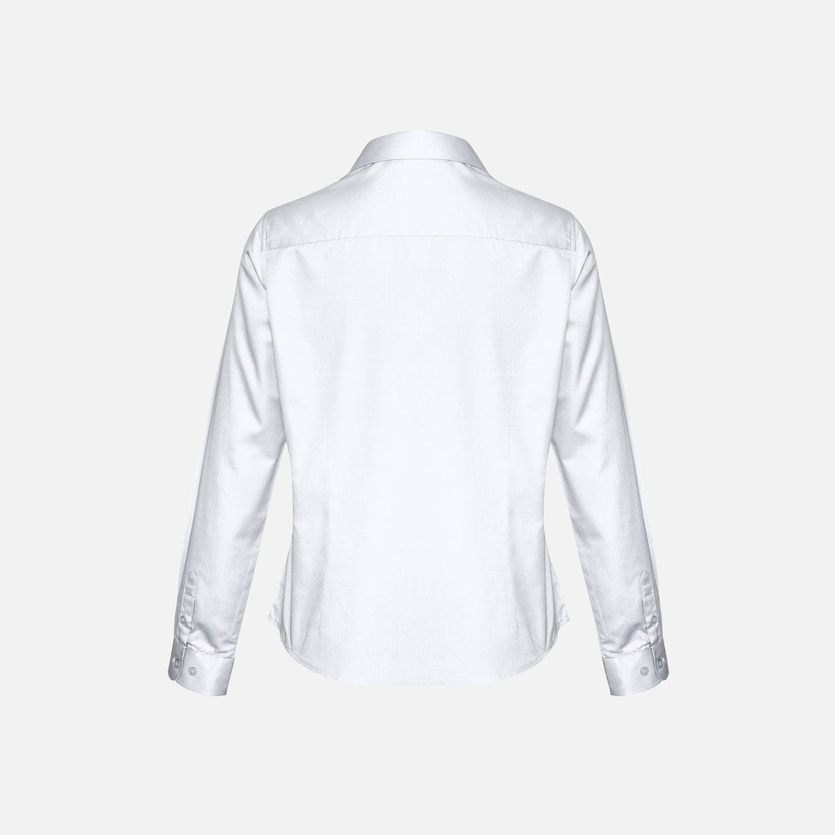 Chemise à manches longues pour femme Biz S522LL en coton blanc, vue de face, détail du col et manches.