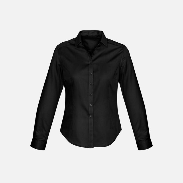 Chemise à manches longues pour femme Biz, modèle S522LL, en tissu noir, vue de face, style élégant et classique.