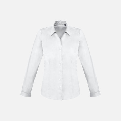 Chemise manches longues pour femme Biz Monaco, blanche, en tissu léger, avec col classique et coupe élégante.