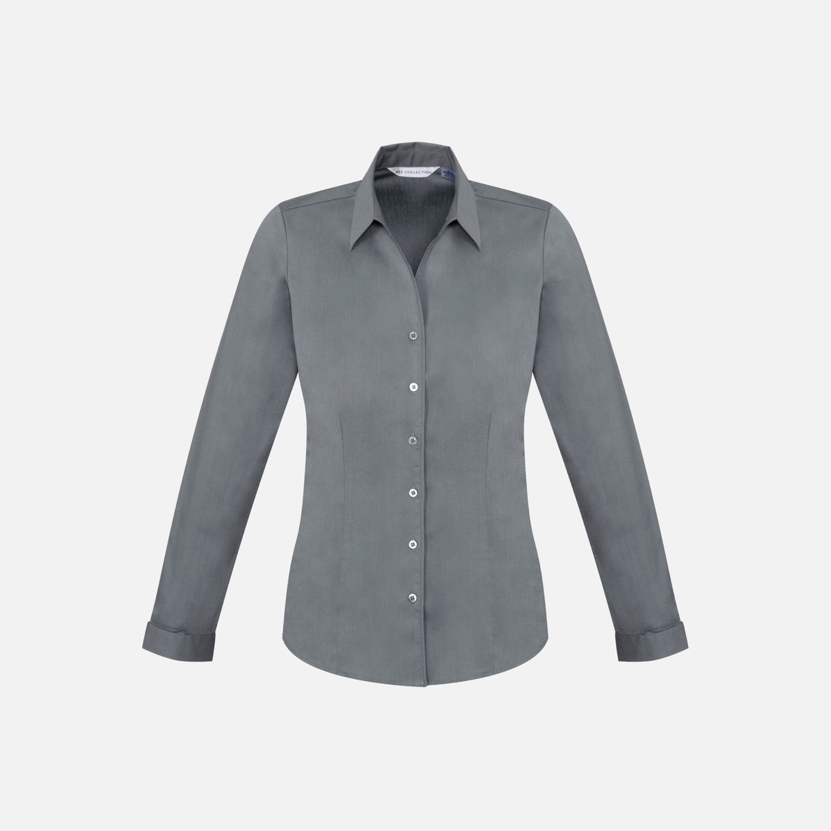 Chemise manches longues pour femme Biz Monaco, gris, en tissu léger, ajustée avec col classique, vue de face.