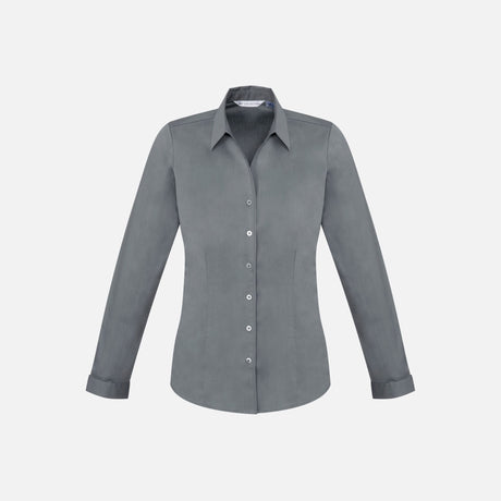 Chemise manches longues pour femme Biz Monaco, gris, en tissu léger, ajustée avec col classique, vue de face.