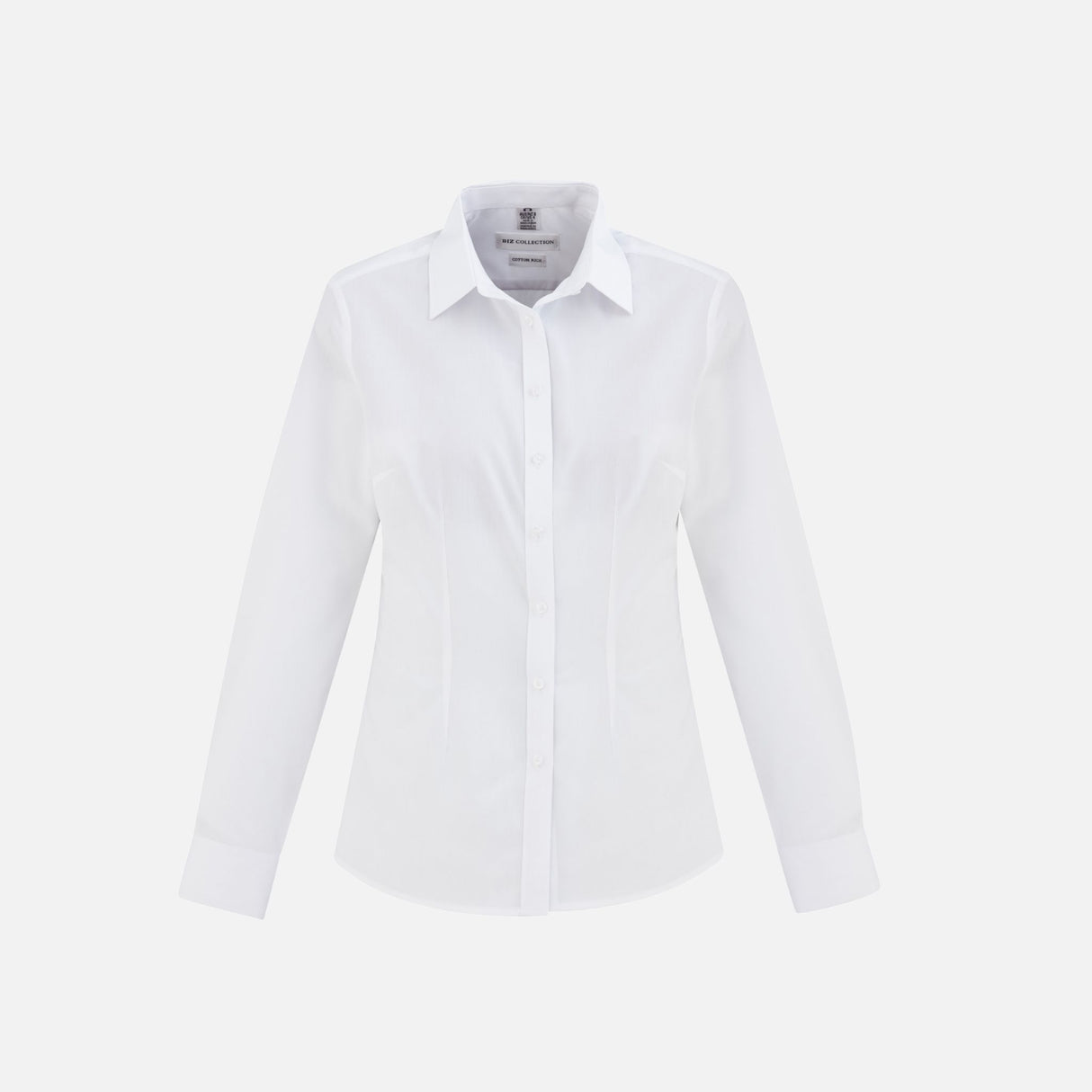 Chemise à manches longues pour femme Biz London, blanche, en tissu léger, élégante et adaptée à un style professionnel.