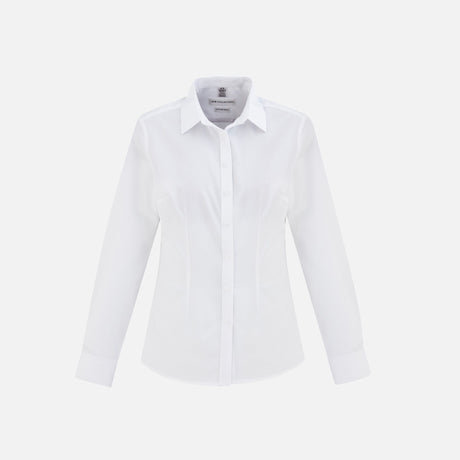 Chemise à manches longues pour femme Biz London, blanche, en tissu léger, élégante et adaptée à un style professionnel.