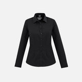 Chemise à manches longues pour femme Biz London, noire, en tissu léger, col classique, style élégant et confortable.