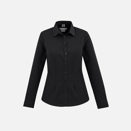 Chemise à manches longues pour femme Biz London, noire, en tissu léger, col classique, style élégant et confortable.