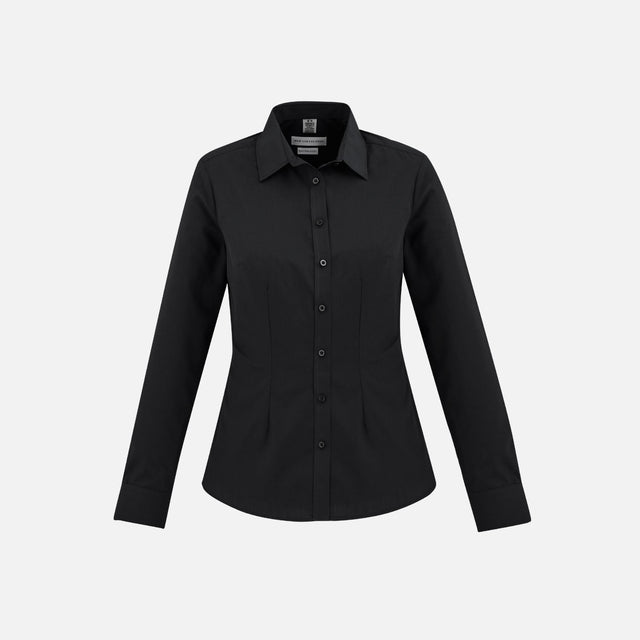 Chemise à manches longues pour femme Biz London, noire, en tissu léger, col classique, style élégant et confortable.