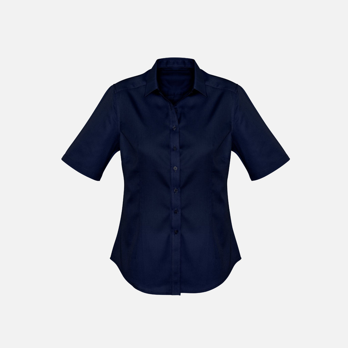 Chemise à manches courtes pour femme Biz, modèle S522LS marine, en tissu léger, portée sur mannequin.