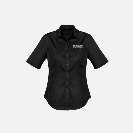 Chemise à manches courtes pour femme Biz, style élégant, tissu noir, vêtement de bureau, moderne et confortable.