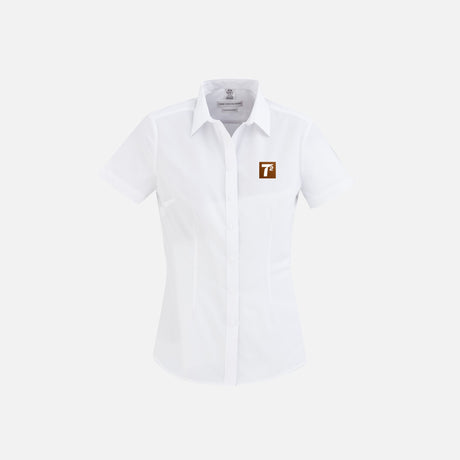 Chemise en denim à manches courtes pour femme, marque Biz, couleur blanche, vêtement tendance et léger.