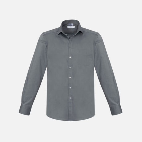 Chemise à manches longues Biz Monaco gris pour homme, vêtement élégant en coton, détail du col et des boutons visibles.
