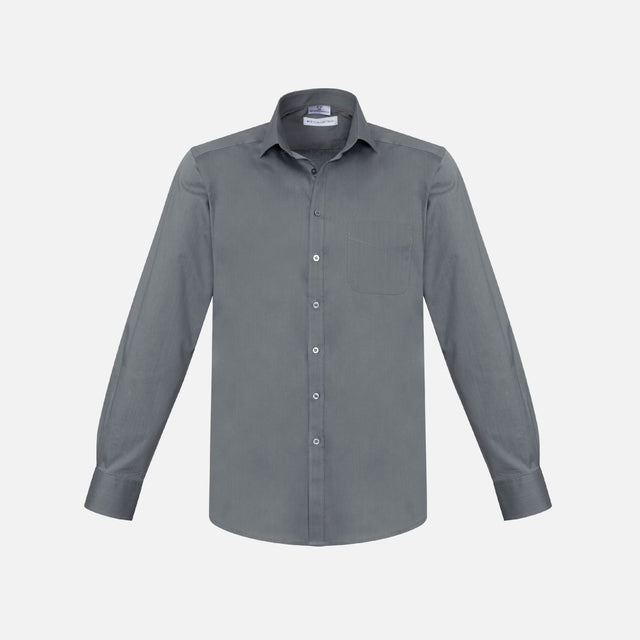 Chemise à manches longues Biz Monaco gris pour homme, vêtement élégant en coton, détail du col et des boutons visibles.