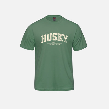 T-shirt L'Essentiel de la collection HUSKY, vêtement en coton avec logo sur la poitrine, coloris gris clair.