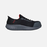 Espadrille de sécurité Skechers, souliers slip-on avec talon antidérapant, noir, conçus pour le travail et la sécurité.