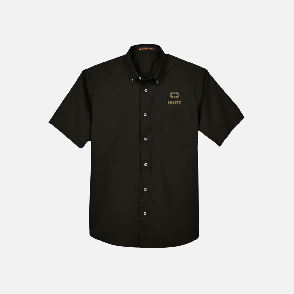 Chemise à manches courtes Harriton M500S noire en tissu léger, vue de face, pour vêtements et style décontracté.