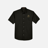 Chemise à manches courtes Harriton M500S noire en tissu léger, vue de face, pour vêtements et style décontracté.