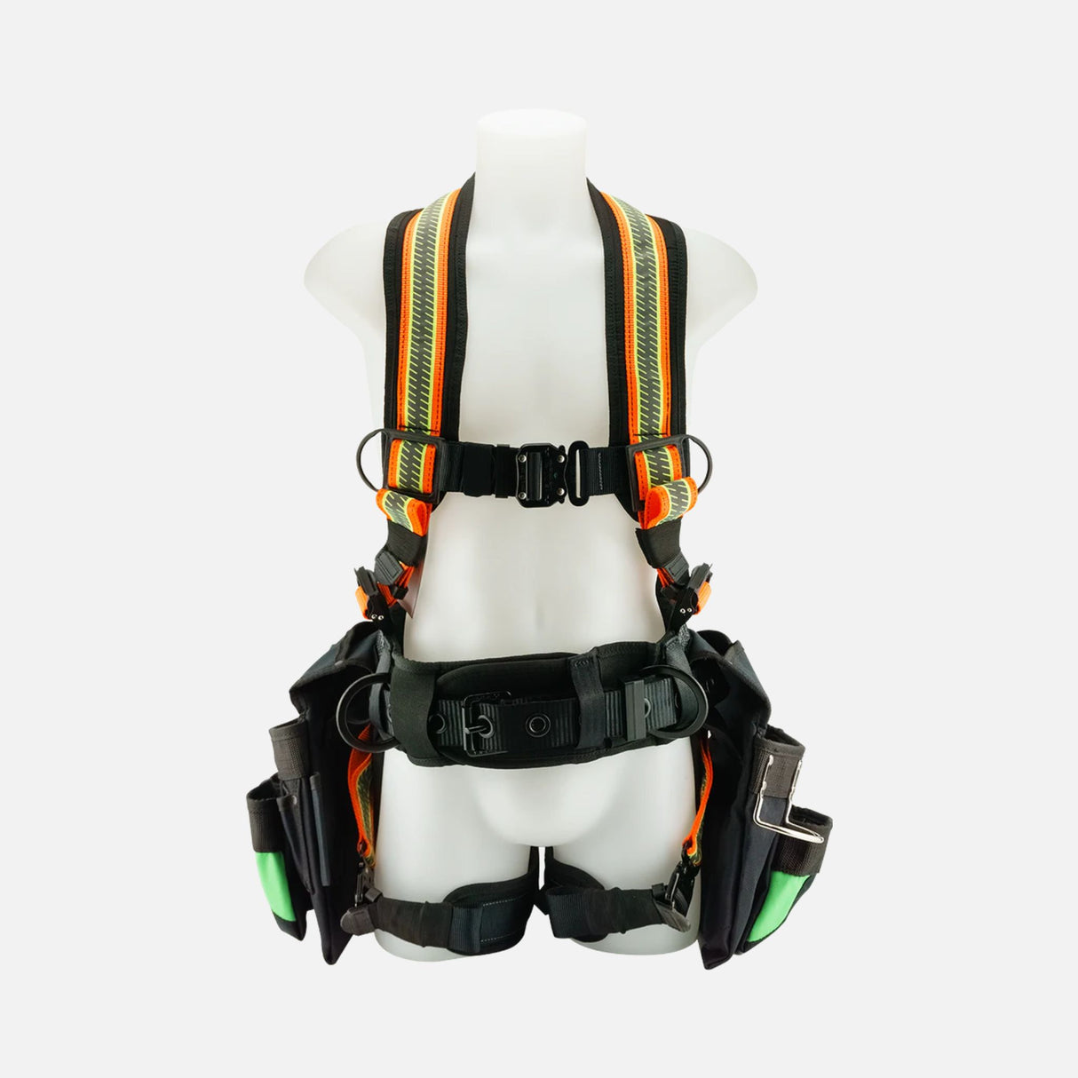 Harnais de sécurité Primeline Tools Juggernaut avec sacs, haute visibilité, pour une organisation optimale lors de travaux en sécurité.