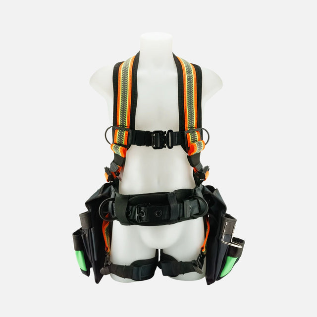 Harnais de sécurité Primeline Tools Juggernaut avec sacs, haute visibilité, pour une organisation optimale lors de travaux en sécurité.