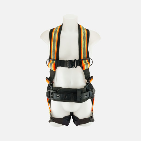 Harnais de sécurité haute visibilité Primeline Tools Juggernaut, ajustable, avec ceinture et boucles, pour protection individuelle.