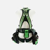 Harnais de sécurité haute visibilité Primeline Tools Colossus vu de derrière, avec réglages pour ajustement et protection individuelle.