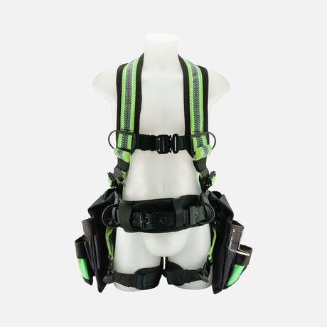 Harnais de sécurité haute visibilité Primeline Tools Colossus, ajusté et sécurisé, porté devant pour protection individuelle.