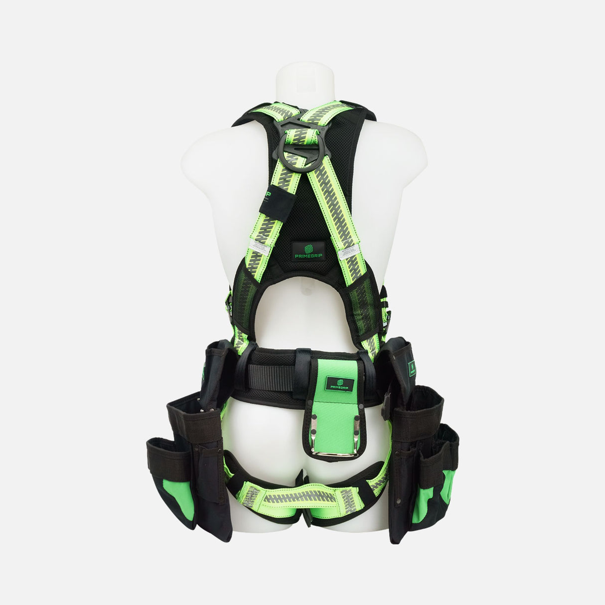 Harnais de sécurité Primeline Tools Crusader avec sacs, vue arrière, haute visibilité et confort pour protection individuelle.