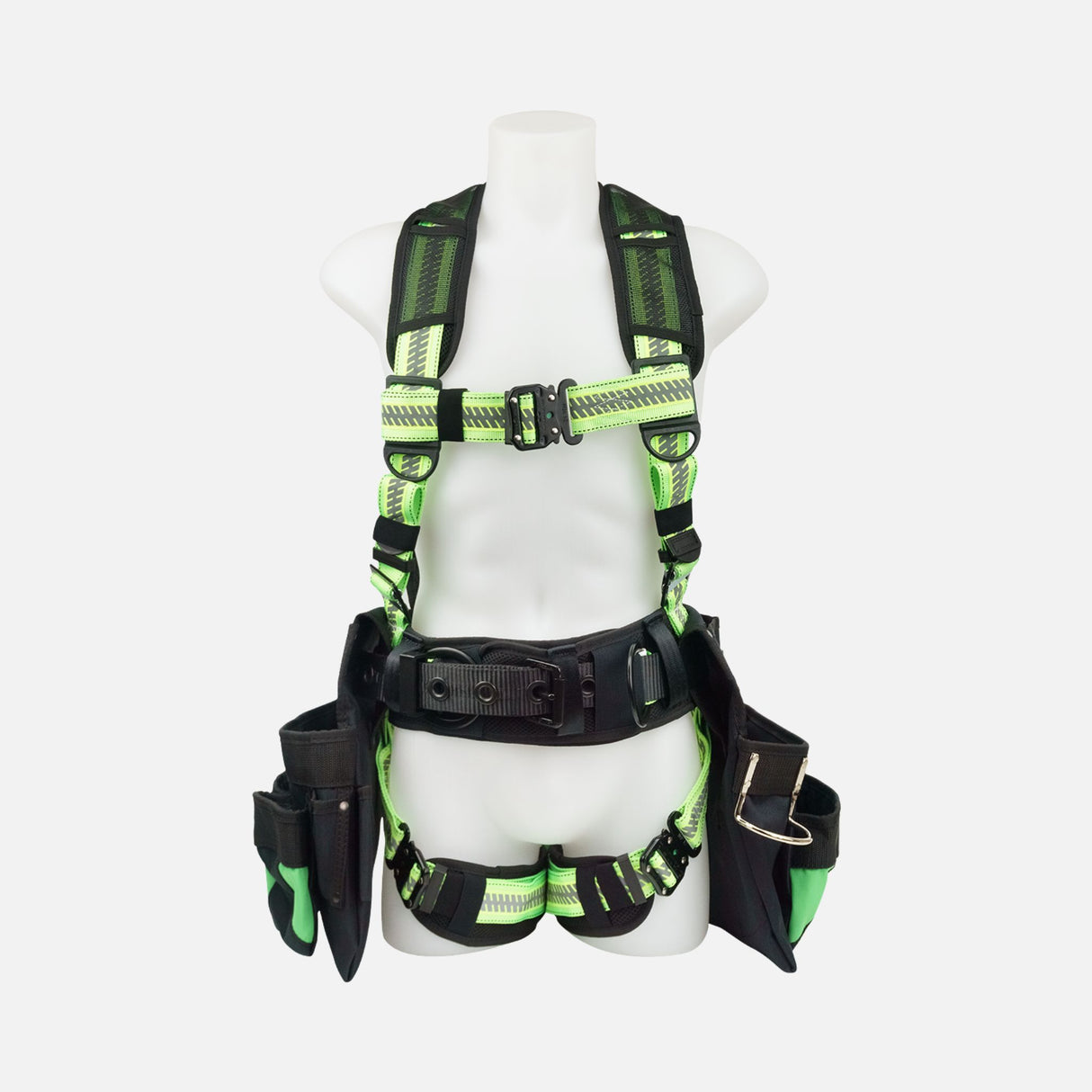 Harnais de sécurité Primeline Tools Crusader avec sacs, haute visibilité, conçu pour la protection individuelle en extérieur.