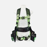 Harnais de sécurité Primeline Tools Crusader avec sacs, haute visibilité, conçu pour la protection individuelle en extérieur.