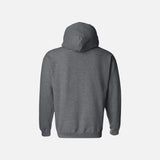 Chandail à capuchon gris foncé Gildan, vêtement à capuche pour homme, tissu doux et confortable, vue de face.