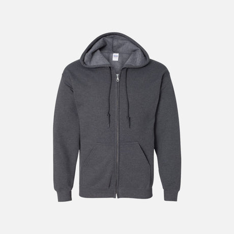 Chandail à capuchon zippé gris foncé de la marque Gildan, vêtement confortable pour le sport ou la détente.