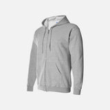 Chandail à capuchon zippé gris de la marque Gildan, vêtement pour hommes ou femmes, avec fermeture éclair et poche kangourou.