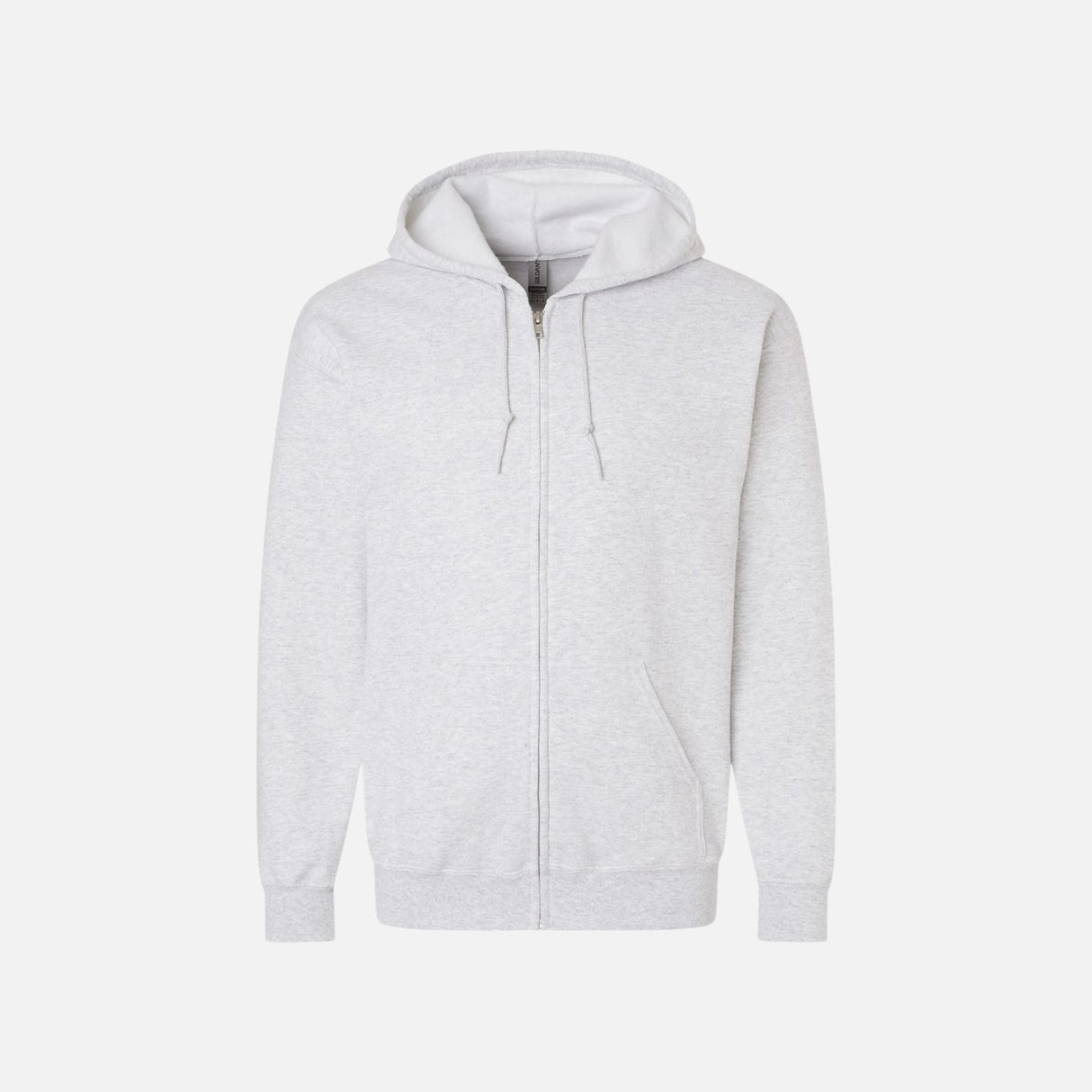 Chandail à capuchon zippé Gildan, vêtement à capuche en coton, couleur gris clair, vue de face avec fermeture éclair visible.