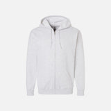 Chandail à capuchon zippé Gildan, vêtement à capuche en coton, couleur gris clair, vue de face avec fermeture éclair visible.
