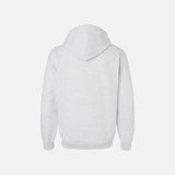 Chandail à capuchon zippé Gildan en coton gris clair, fermeture éclair, manches longues, style décontracté pour homme et femme.