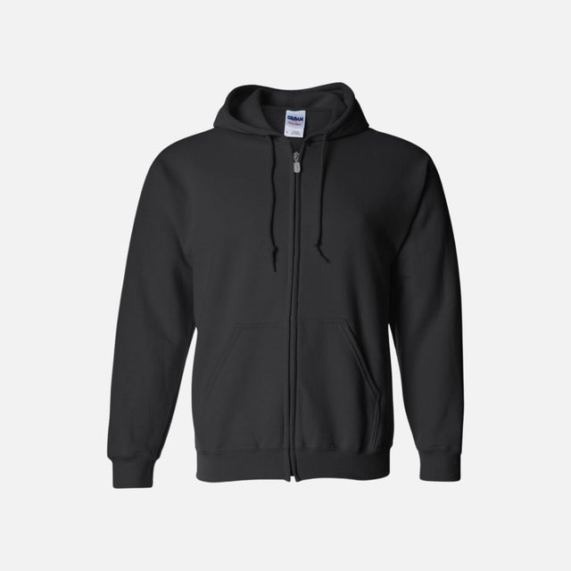 Chandail à capuchon zippé Gildan noir, vêtement à capuche en coton, vue de face avec fermeture éclair visible.