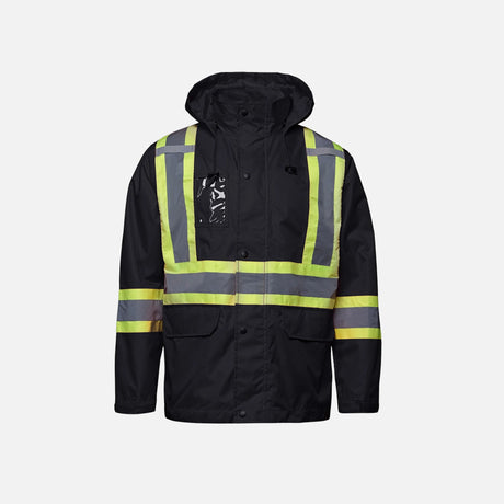 Imperméable haute visibilité noir de Canada Sportswear, veste de sécurité conforme CSA, pour une protection et visibilité optimales.