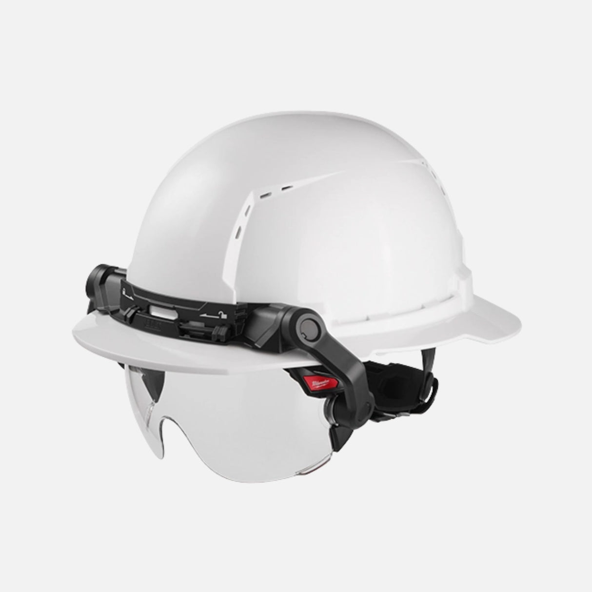Visière transparente à double revêtement Milwaukee pour protection individuelle, avec lunettes de sécurité noires.